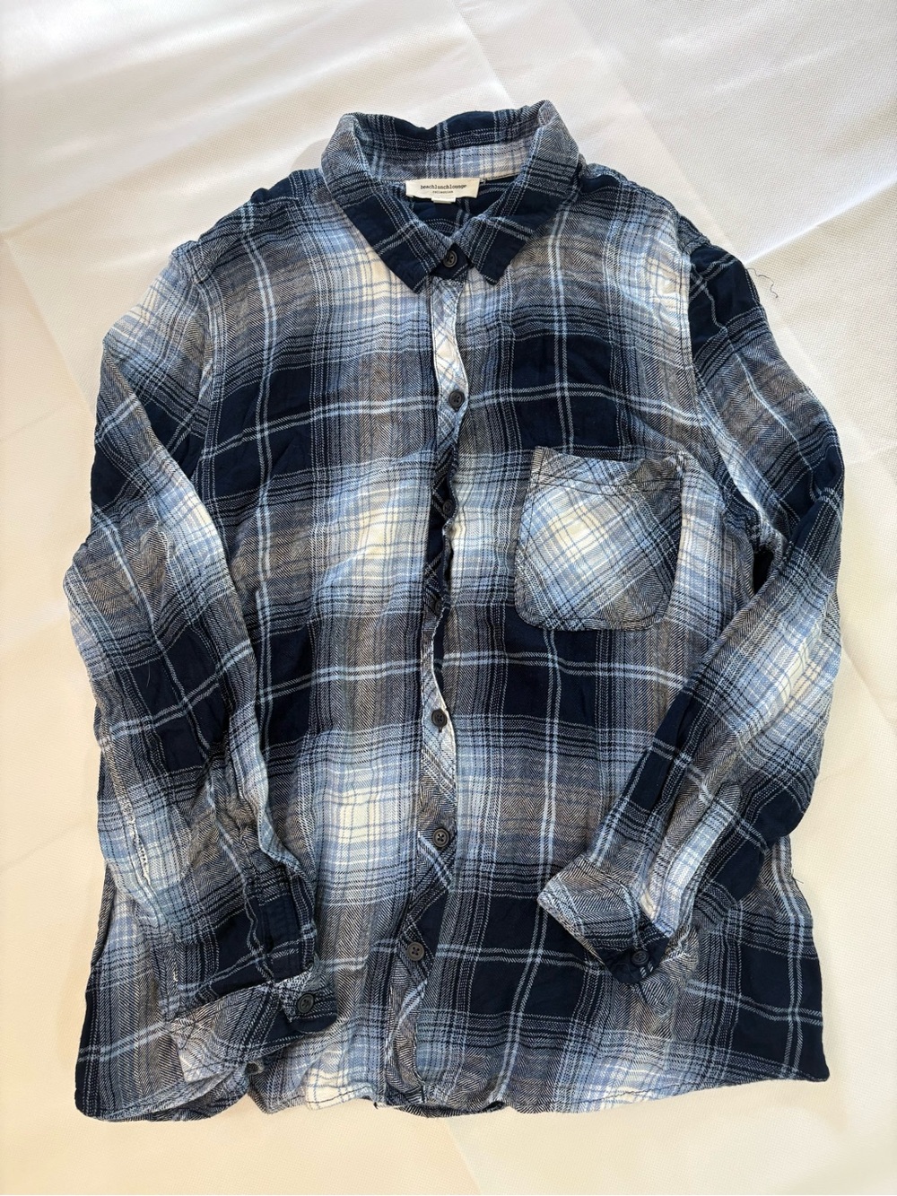 BeachLunchLounge Blue Plaid Button Front Shirt XL Soft Rayon Flannel Lightweight